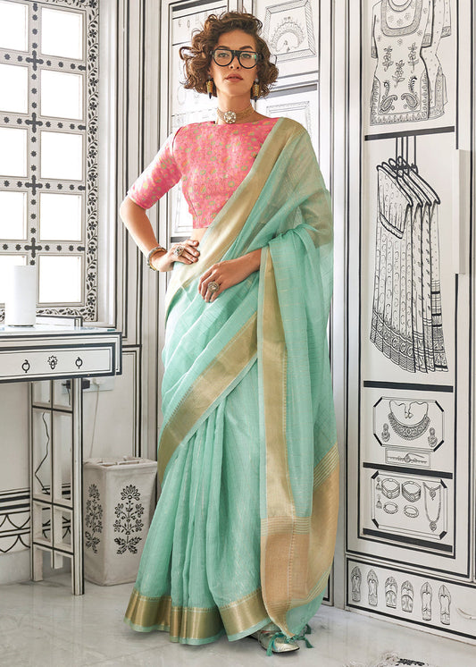 Banarasi Chiffon Aqua Blue Handloom Saree With Printed Blouse