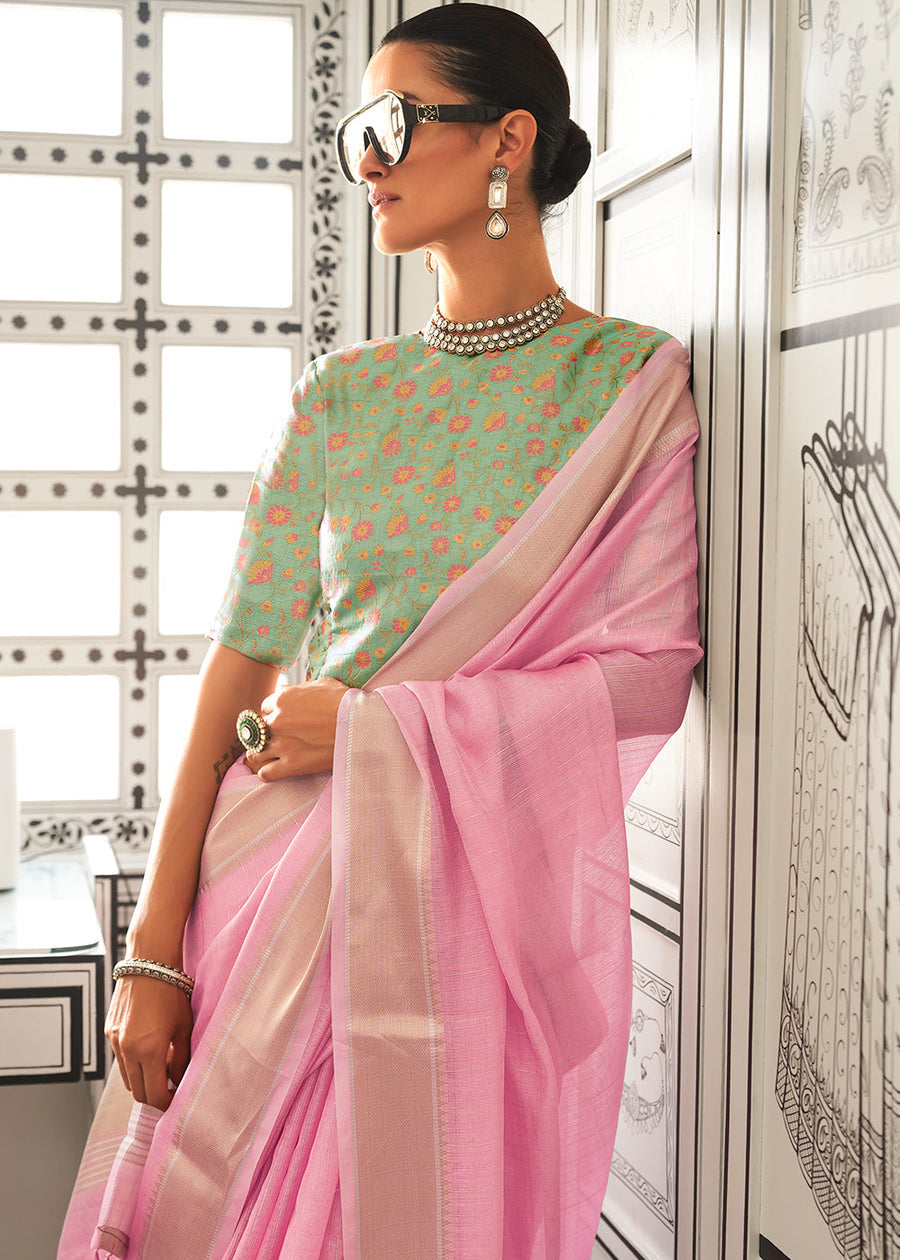 Banarasi Chiffon Pastel Pink Handloom Saree With Printed Blouse