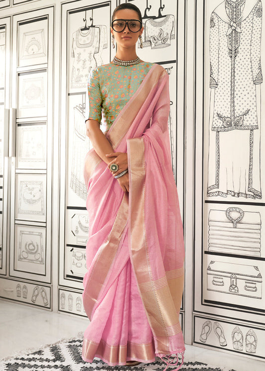 Banarasi Chiffon Pastel Pink Handloom Saree With Printed Blouse