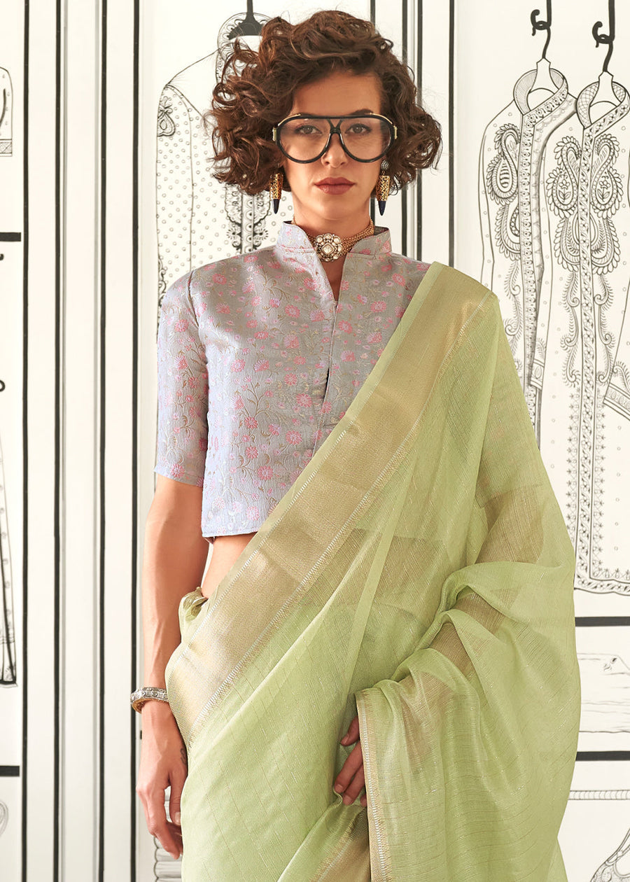 Banarasi Chiffon Pastel Green Handloom Saree With Printed Blouse