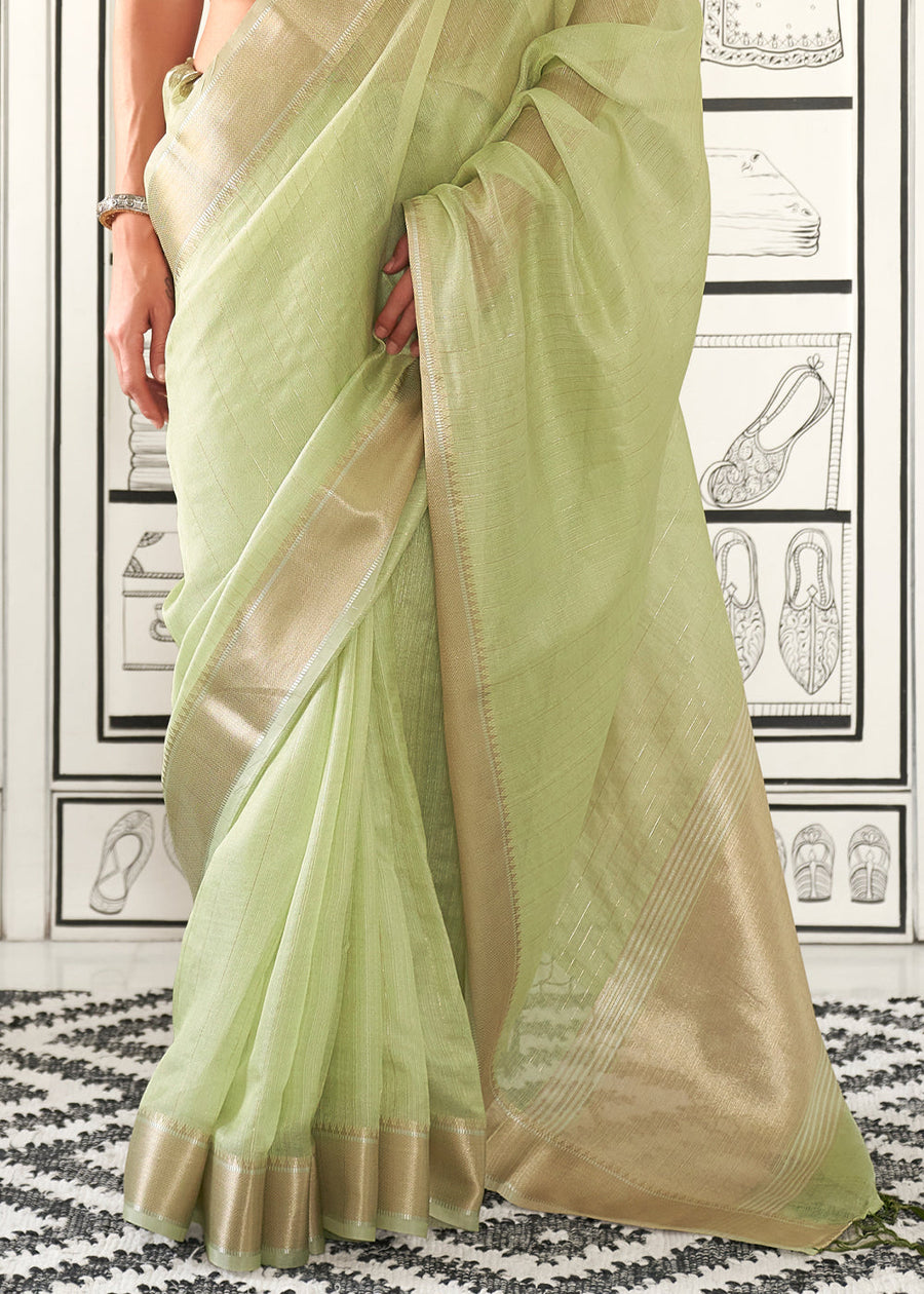 Banarasi Chiffon Pastel Green Handloom Saree With Printed Blouse