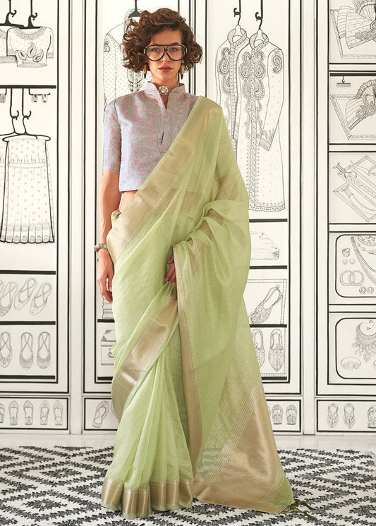 Banarasi Chiffon Pastel Green Handloom Saree With Printed Blouse