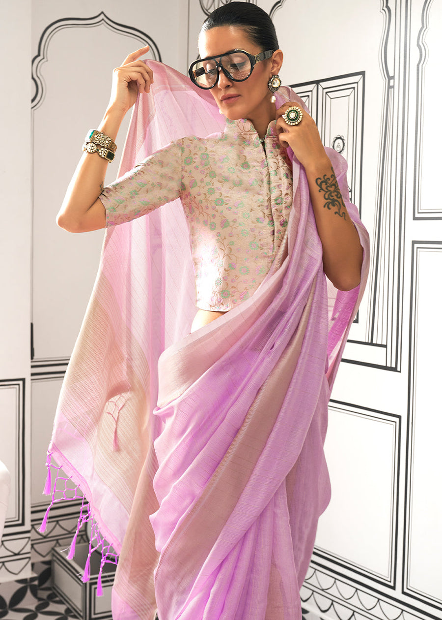 Banarasi Chiffon Lavender Purple Handloom Saree With Printed Blouse