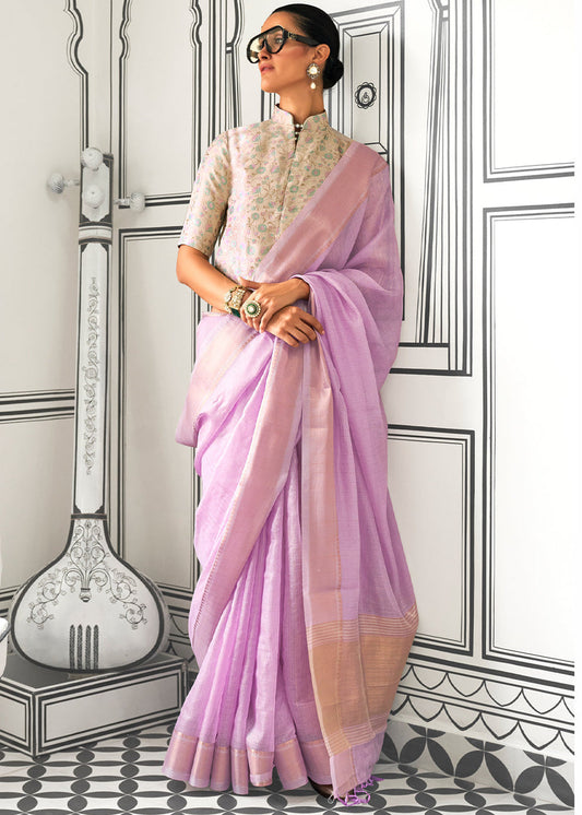 Banarasi Chiffon Lavender Purple Handloom Saree With Printed Blouse