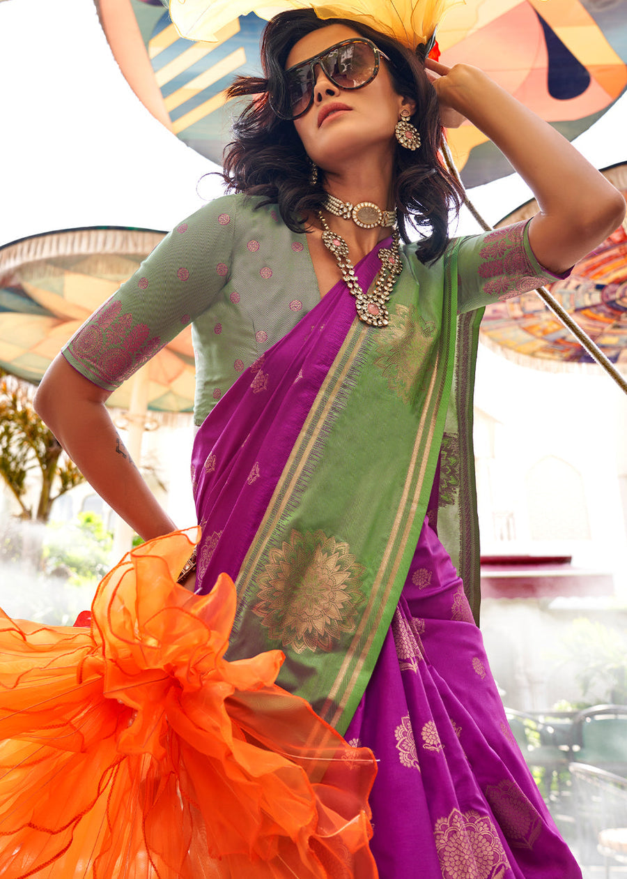 Magenta Pink & Light Green Soft Banarasi Silk Saree