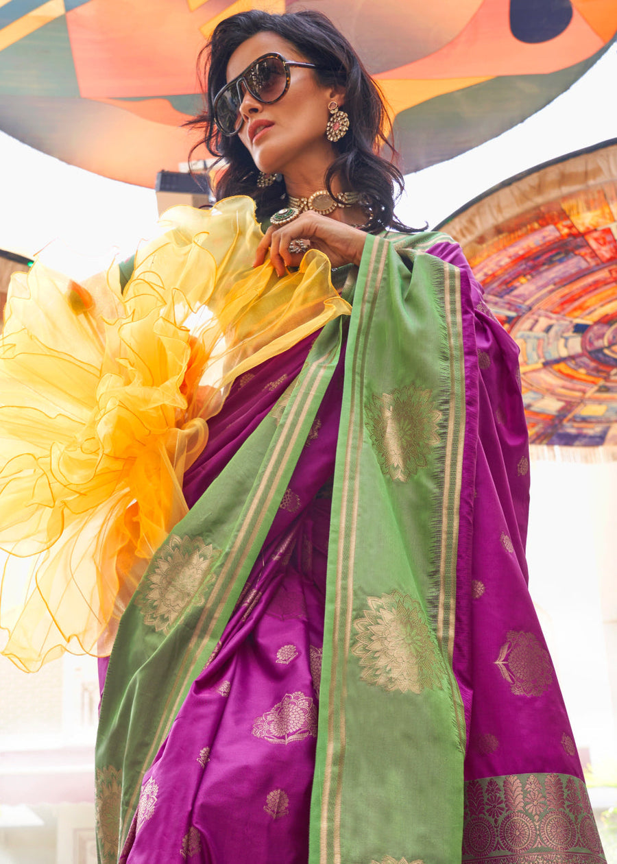 Magenta Pink & Light Green Soft Banarasi Silk Saree