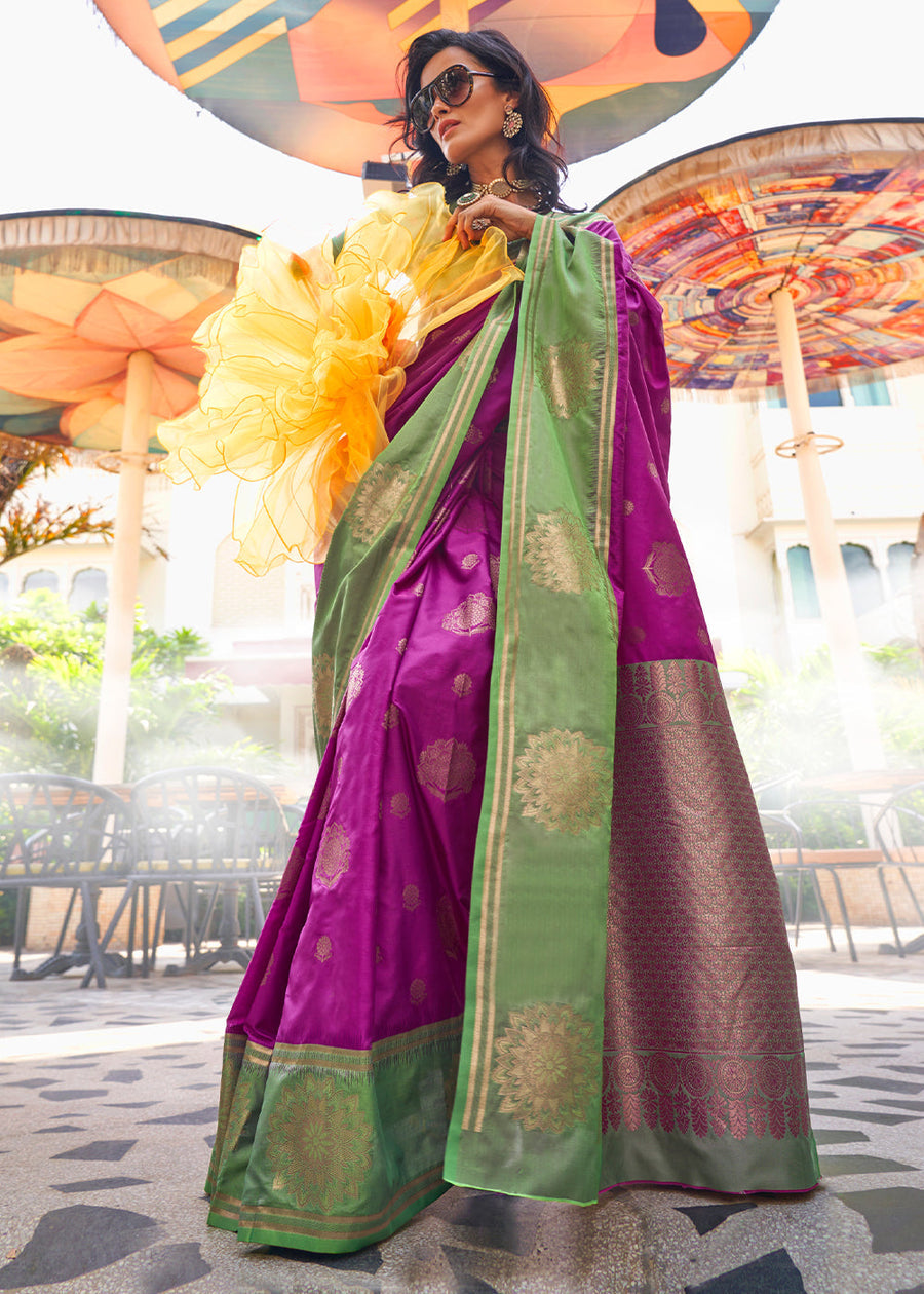 Magenta Pink & Light Green Soft Banarasi Silk Saree