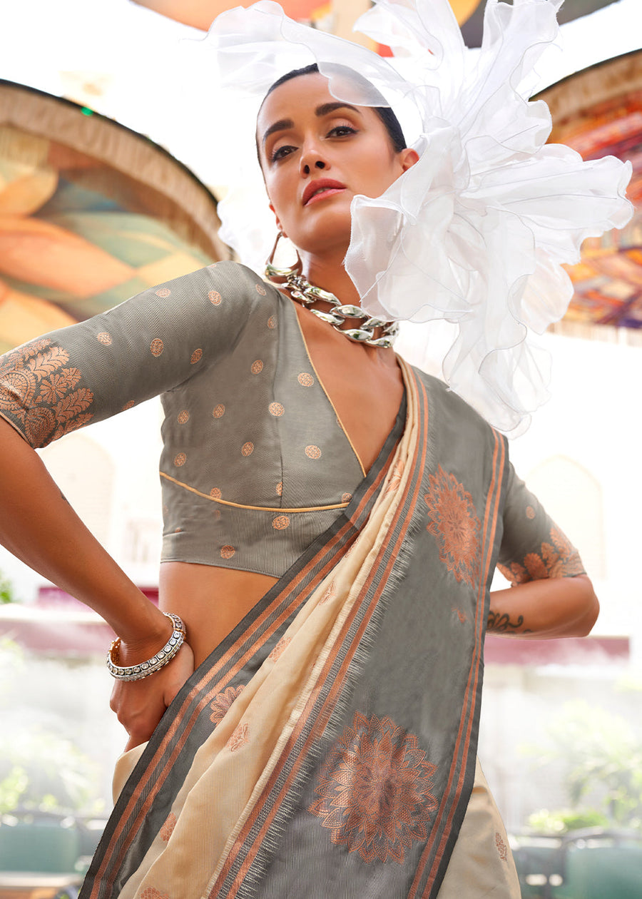 Cream & Grey Soft Banarasi Silk Saree