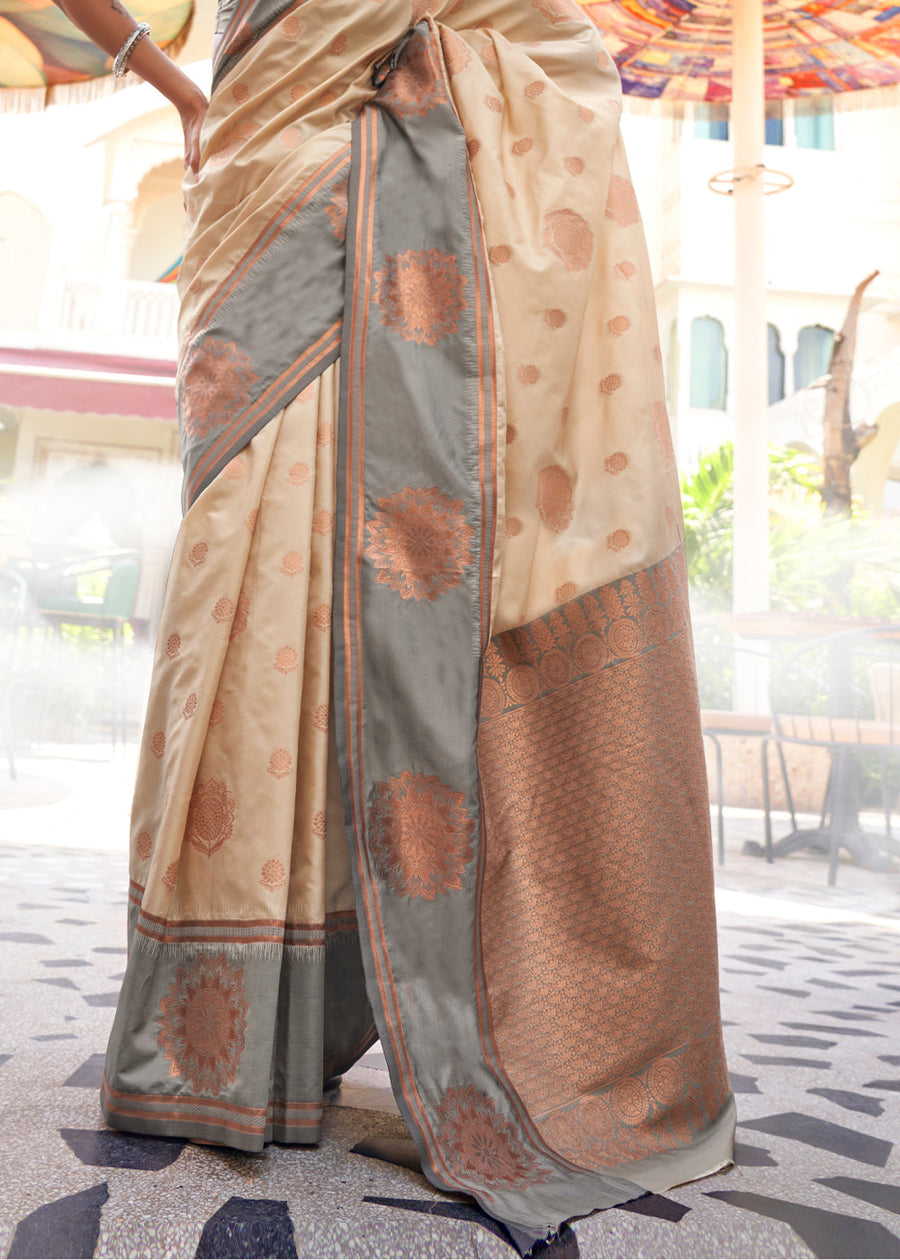 Cream & Grey Soft Banarasi Silk Saree