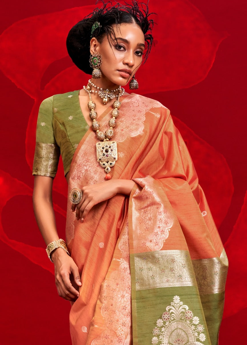 Pure Handloom Tussar Silk Orange Saree With Green Blouse