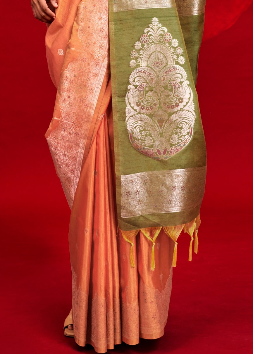 Pure Handloom Tussar Silk Orange Saree With Green Blouse