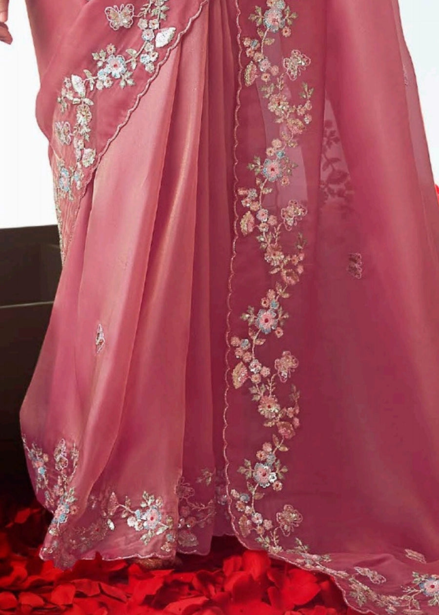 Rose Pink Organza Tissue Silk Embroidered Saree with Green Banarasi Blouse