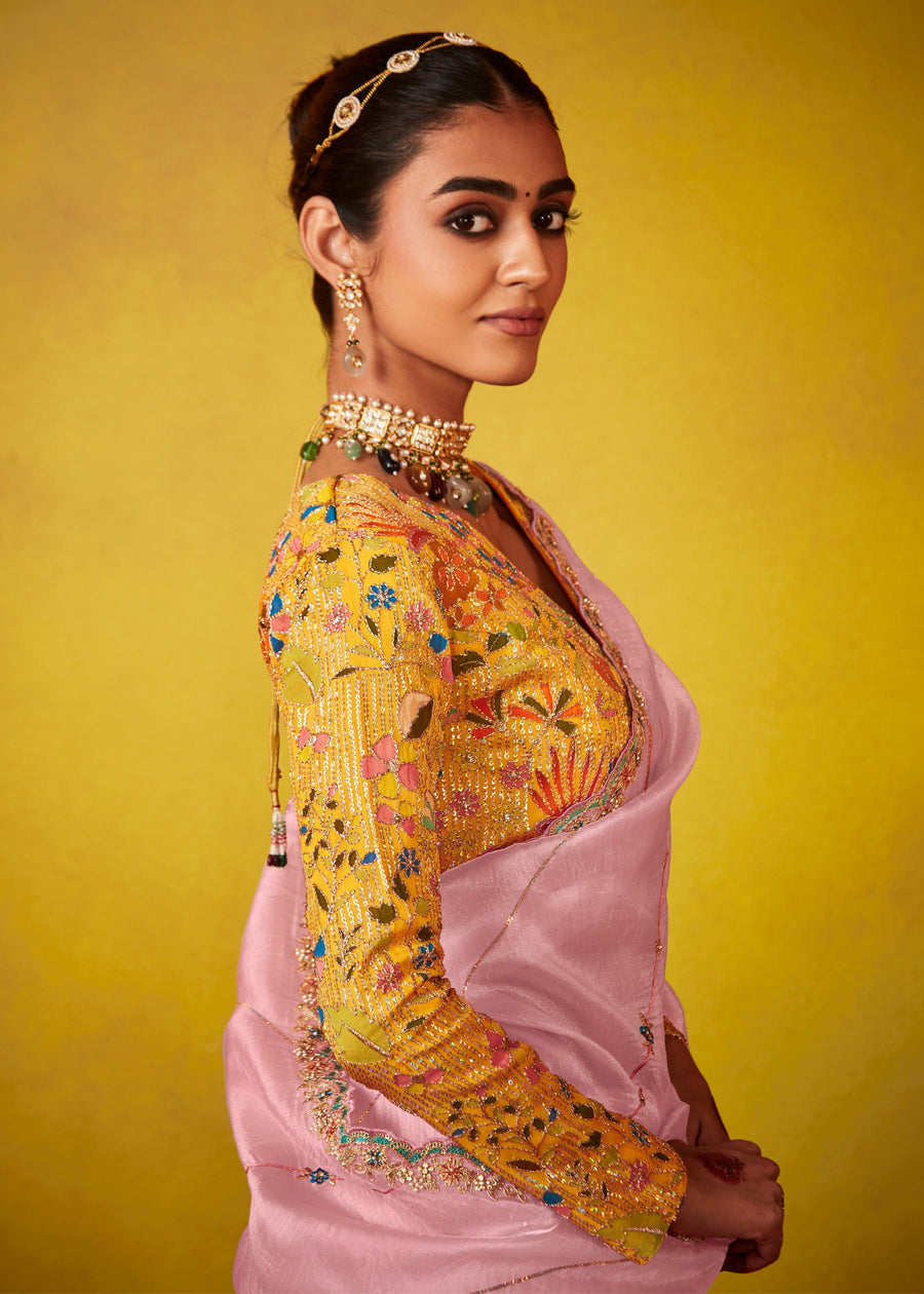 Pastel Pink Glass Tissue Silk Embroidered Saree & Yellow Printed Blouse
