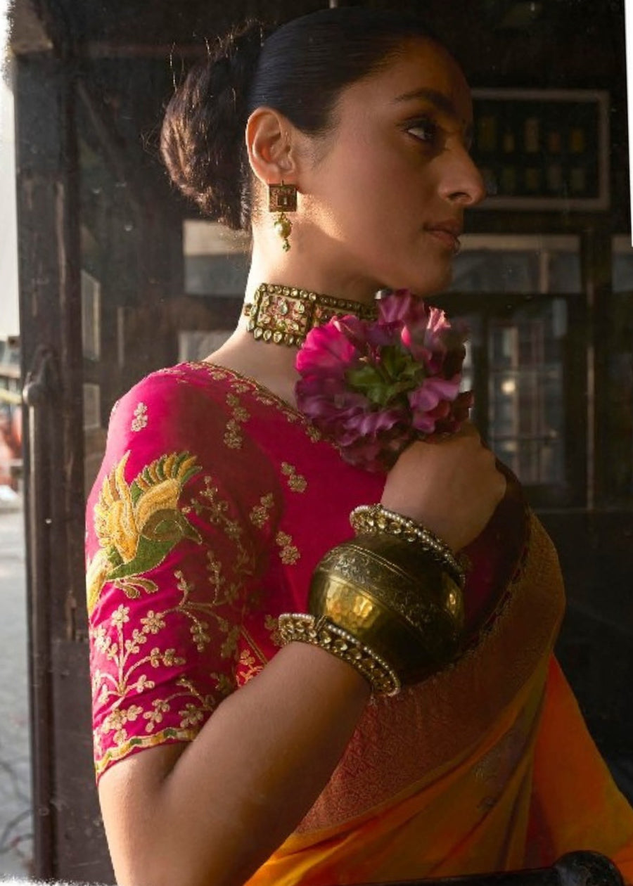 Banarasi Dola Silk Orange Saree & Pink Embroidered Blouse