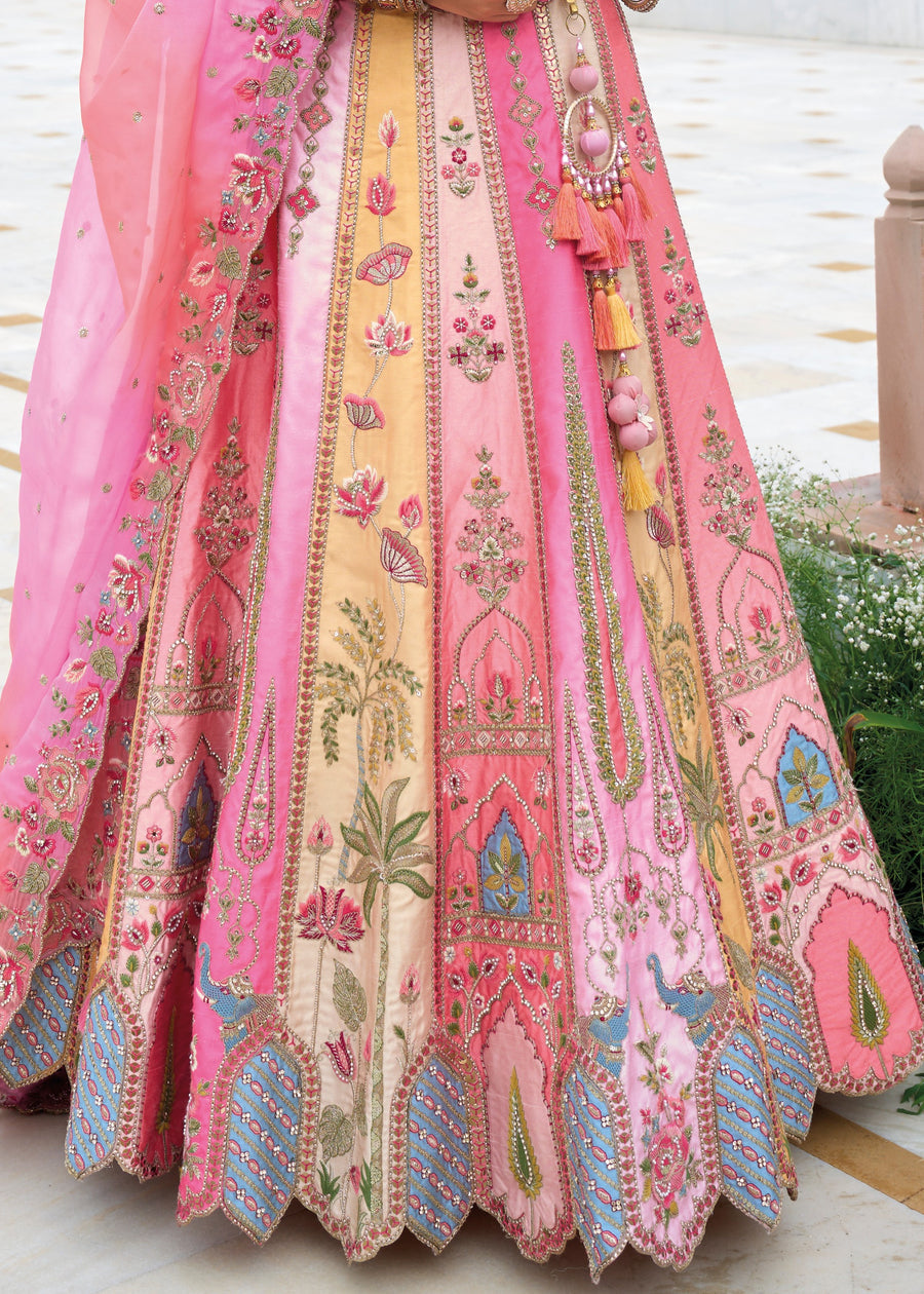 Pink and Lime Yellow Silk Lehenga Choli