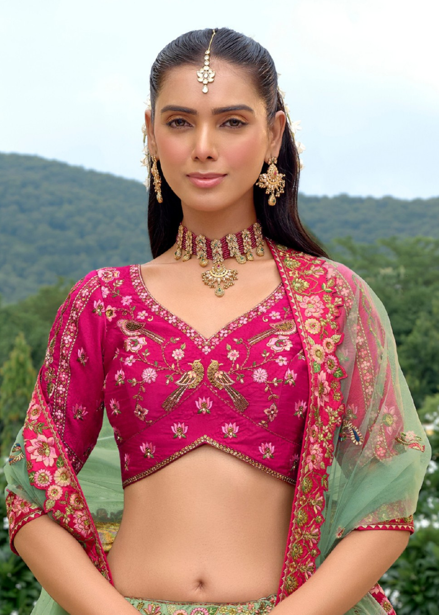 Teal Green and Rani Pink Silk Embroidered Bridal Lehenga Choli