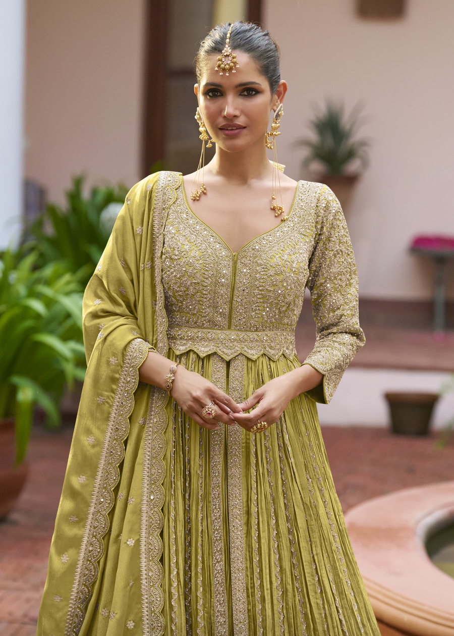 Lime Green Chinon Silk Anarkali Suit With Ghagra Skirt