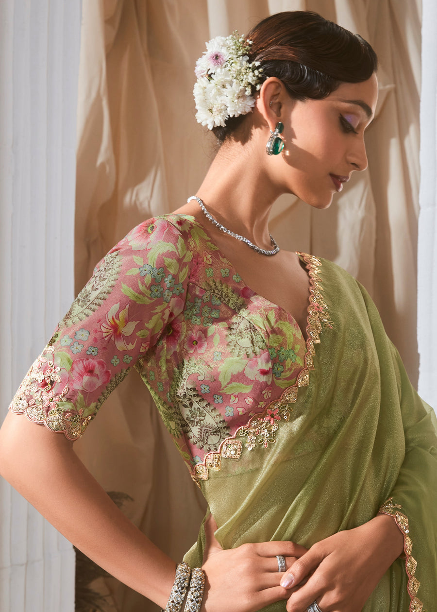Pastel Green Organza Tissue Silk Embroidered Saree & Printed Blouse