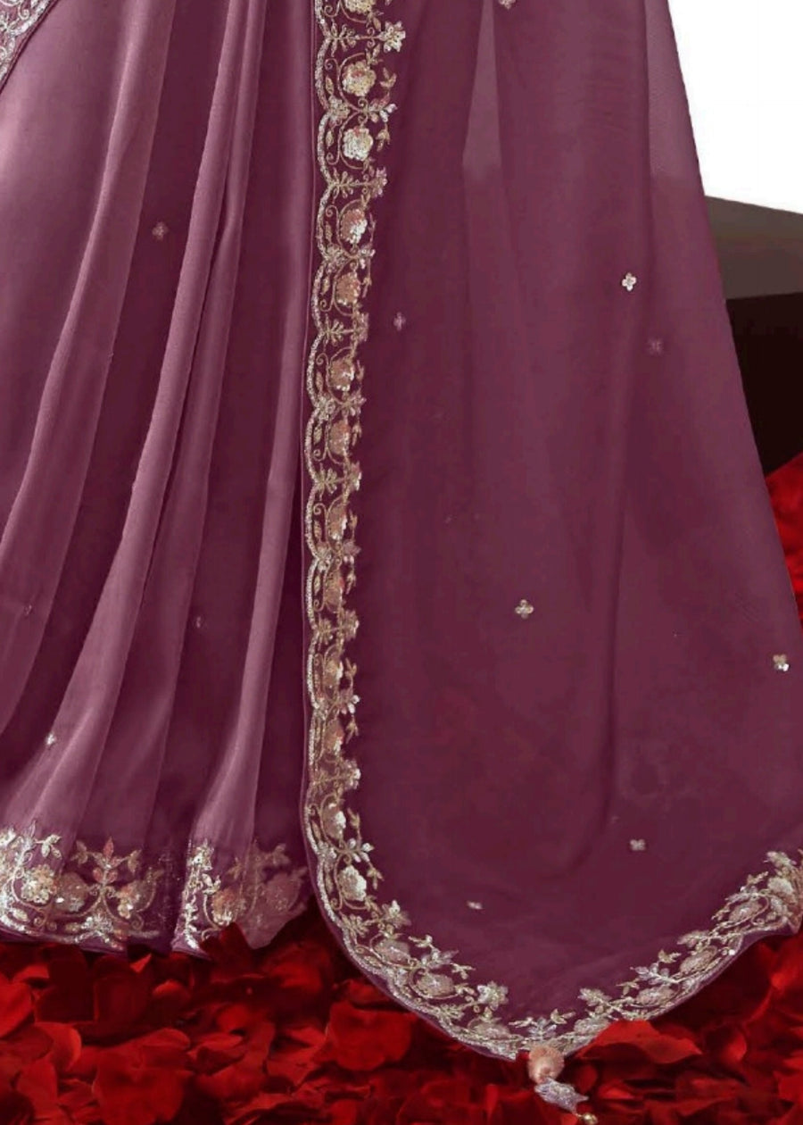 Mauve Purple Organza Tissue Silk Embroidered Saree with Peach Banarasi Blouse