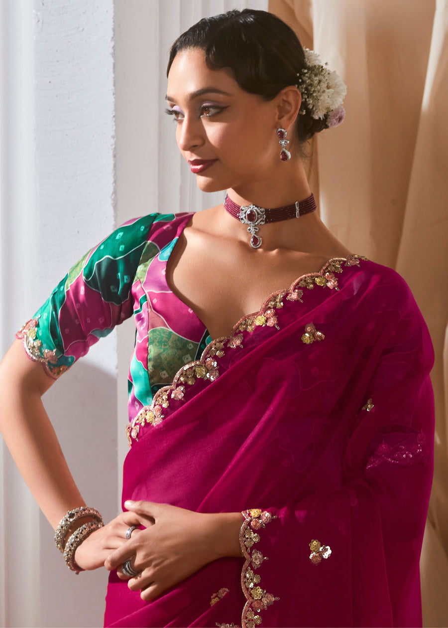 Ruby Pink Organza Tissue Silk Embroidered Saree & Green Printed Blouse