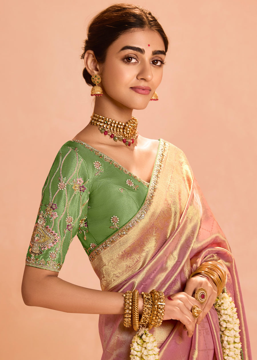 Pure Banarasi Tissue Silk Embroidered Blush Pink Handloom Saree & Contrast Green Blouse