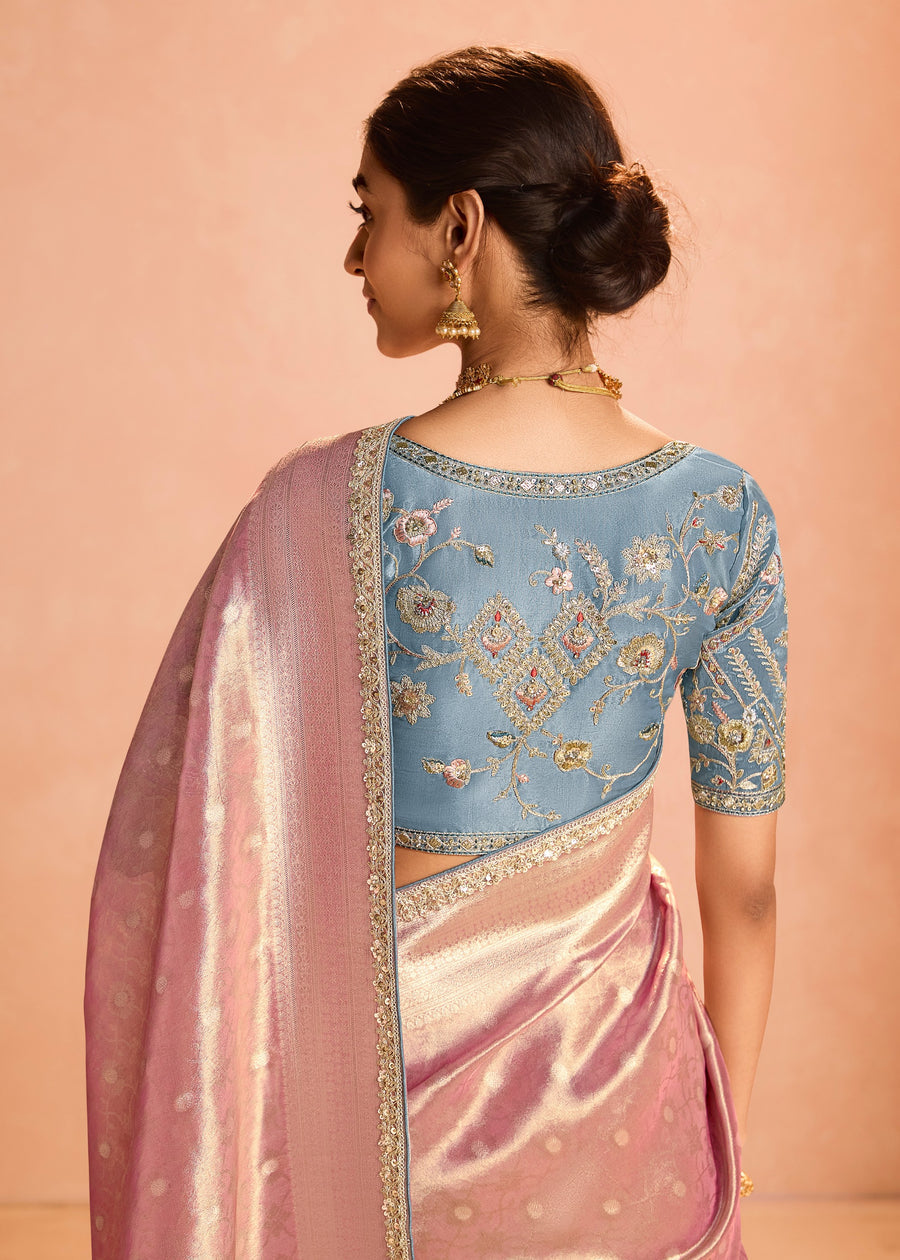 Pure Banarasi Tissue Silk Embroidered Pastel Pink Handloom Saree & Contrast Blue Blouse