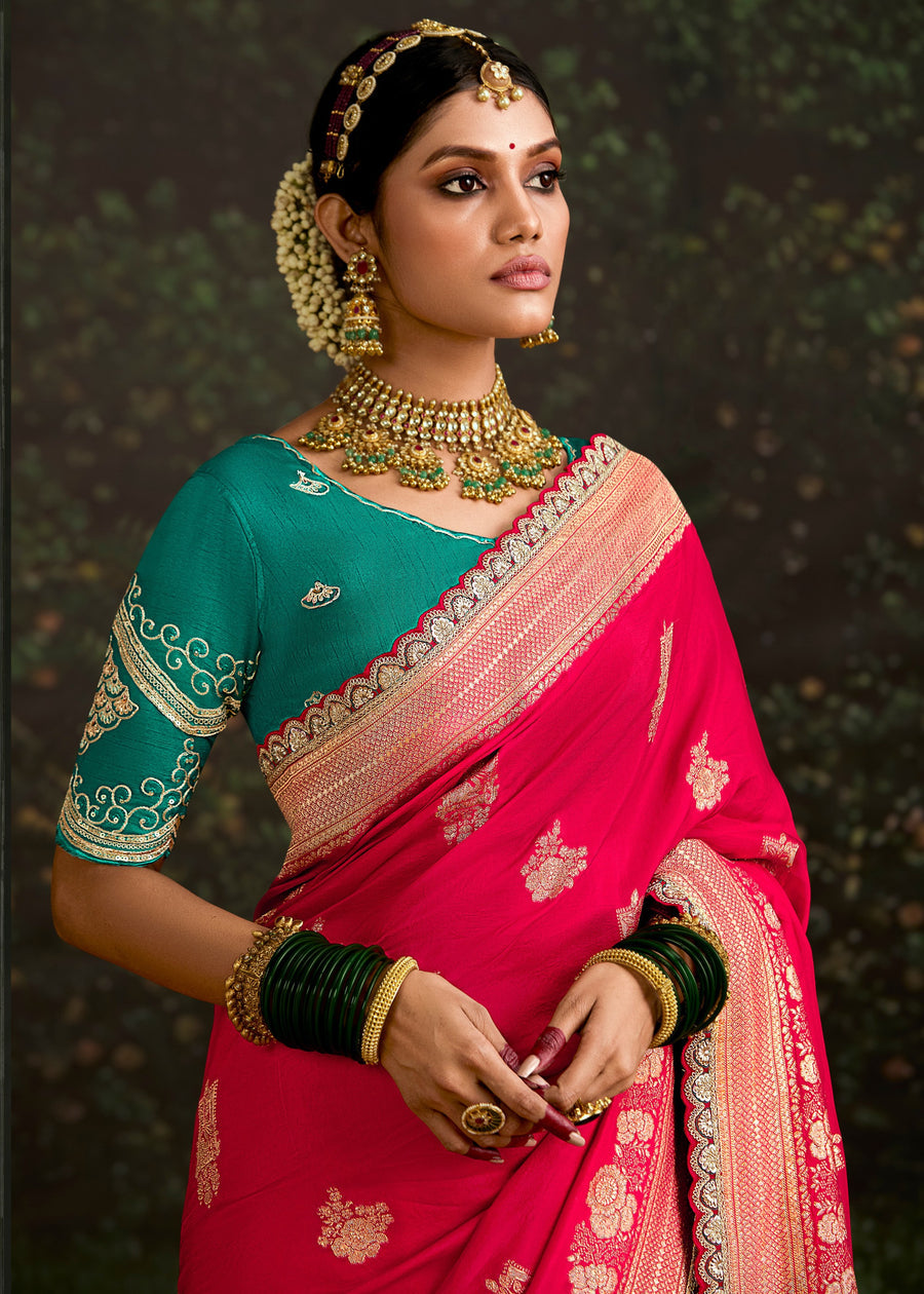 Pinkish Red Dola Banarasi Silk Saree & Green Embroidered Blouse