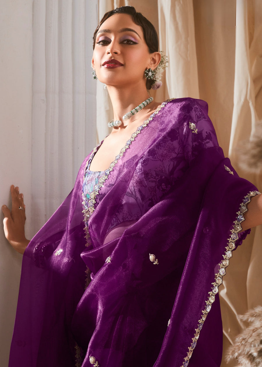 Violet Purple Organza Tissue Silk Embroidered Saree & Printed Blouse