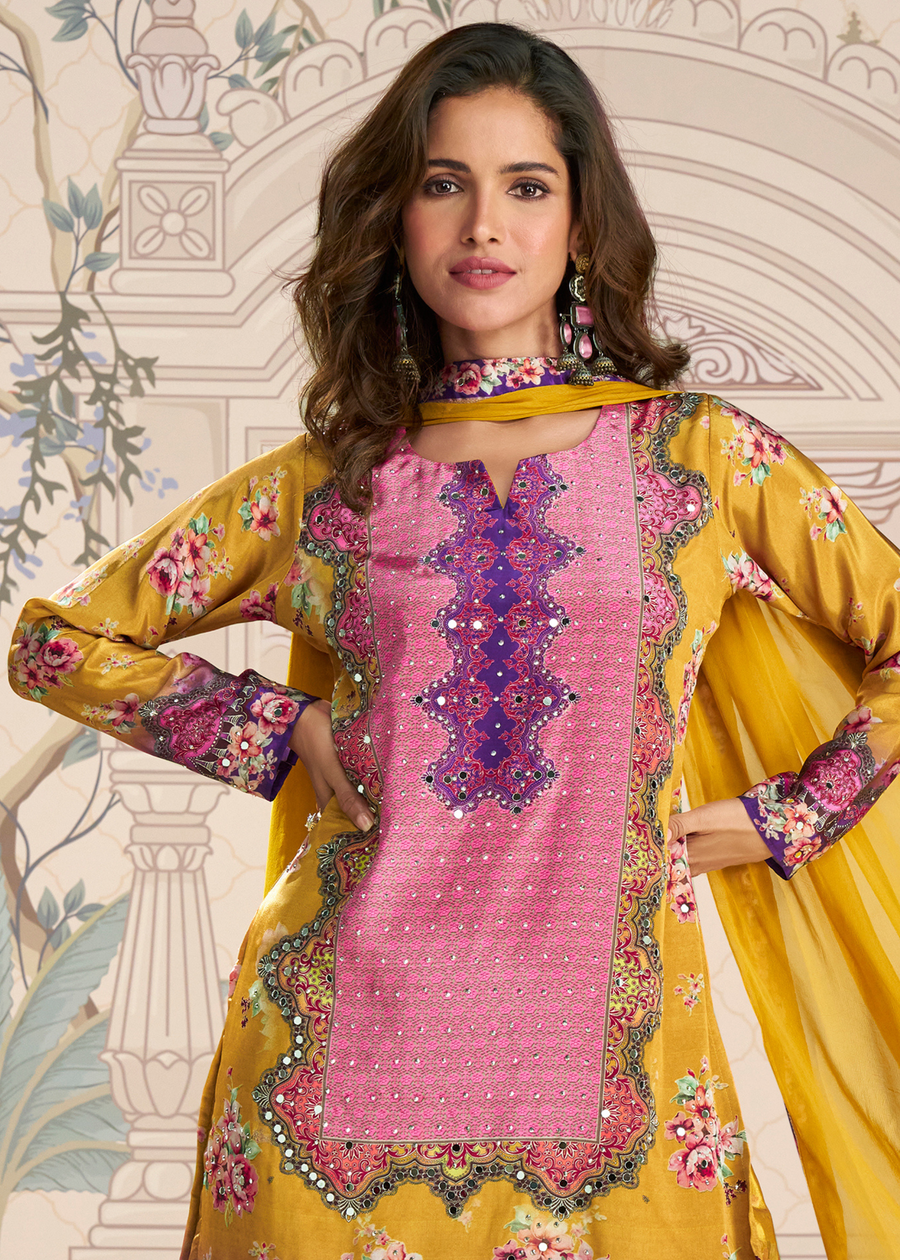 Mustard Yellow Crepe Silk Sharara Suit With Dupatta