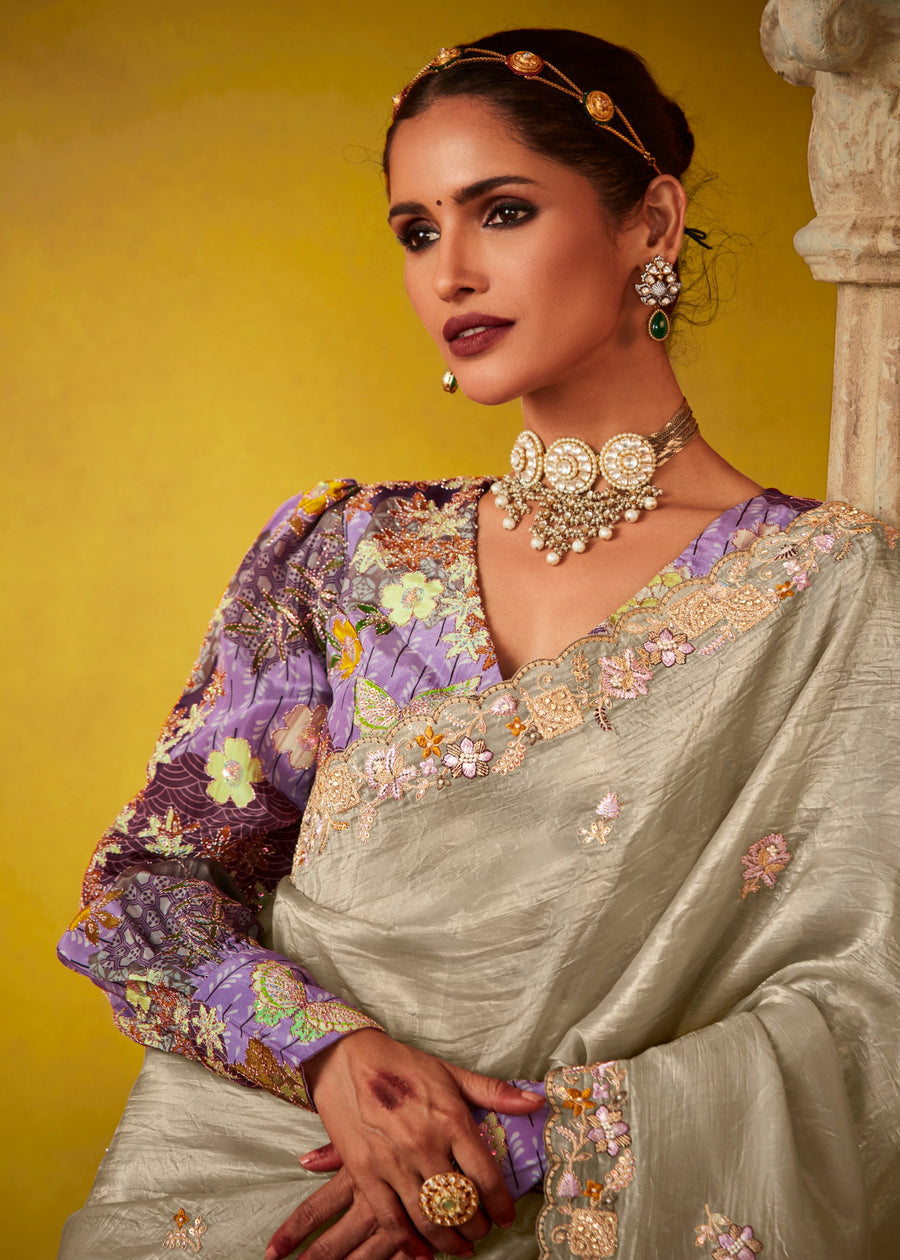 Grey Glass Tissue Silk Embroidered Saree & Purple Printed Blouse