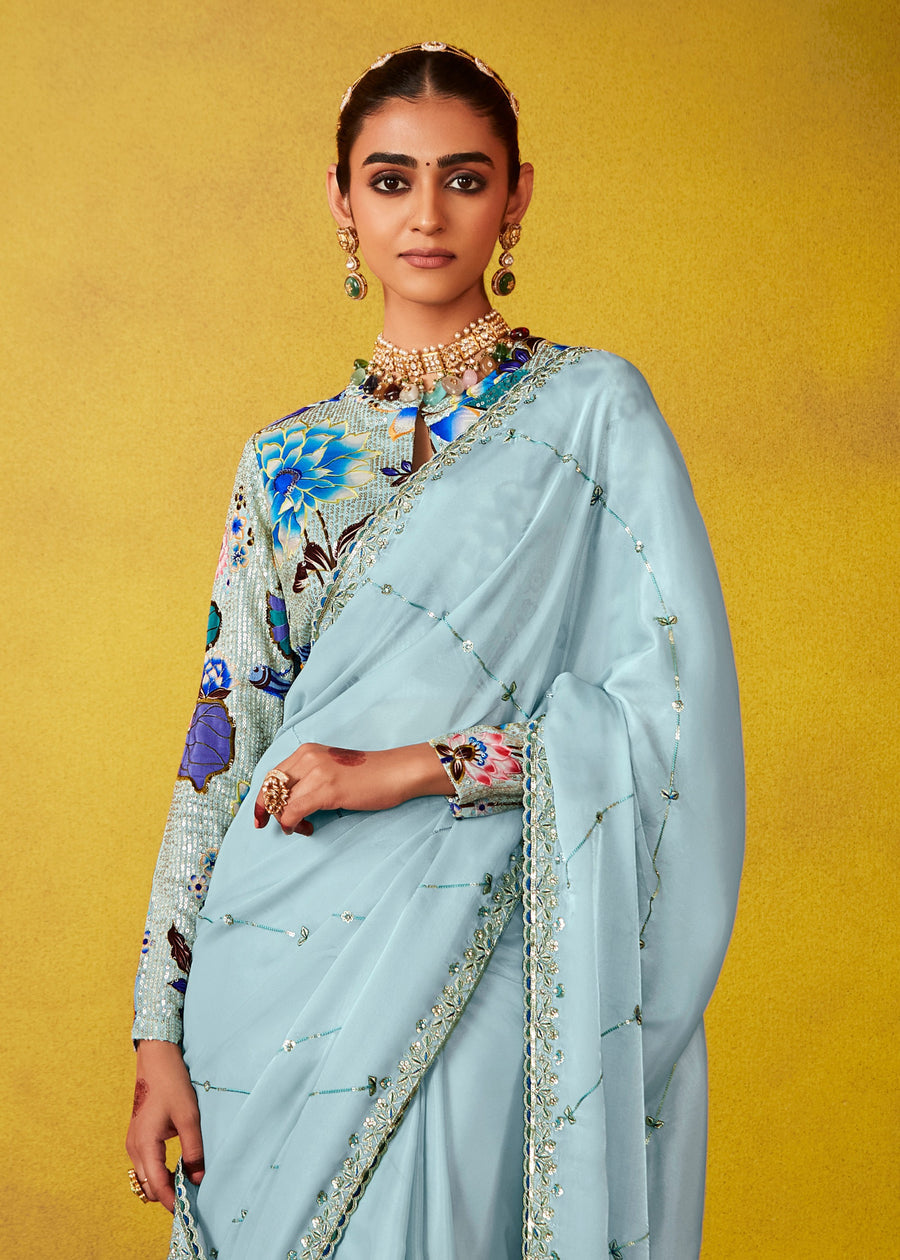 Pastel Blue Glass Tissue Silk Embroidered Saree With Printed Blouse