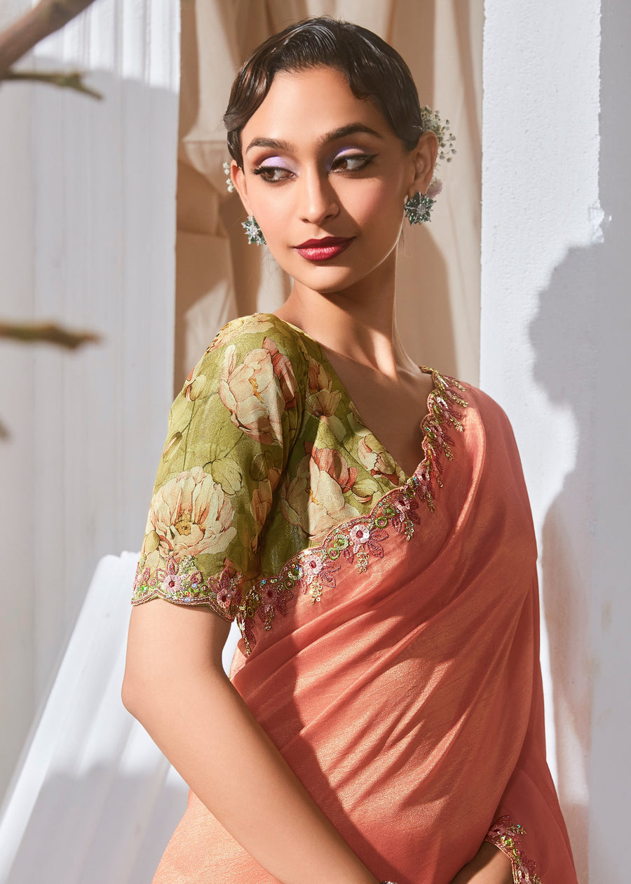 Light Orange Organza Tissue Silk Embroidered Saree & Green Printed Blouse