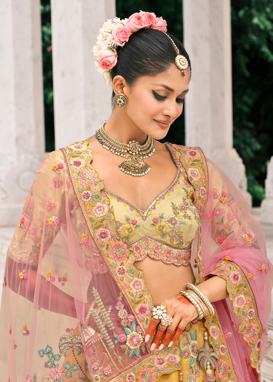 Yellow Embroidered Silk Lehenga Choli & Contrast Pink Dupatta