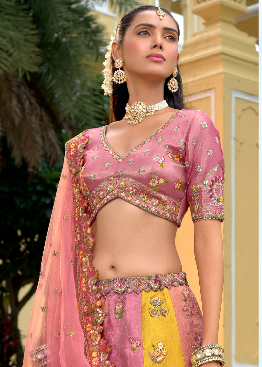 Coral Pink & Yellow Silk Bridal Lehenga Choli