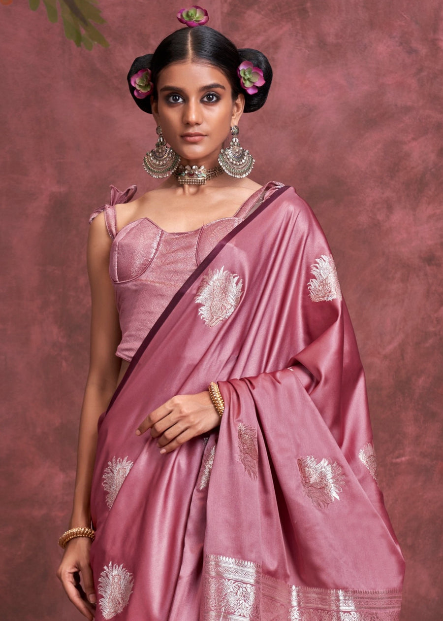 Pure Banarasi Satin Silk Handloom Zari Weaving Pink Saree