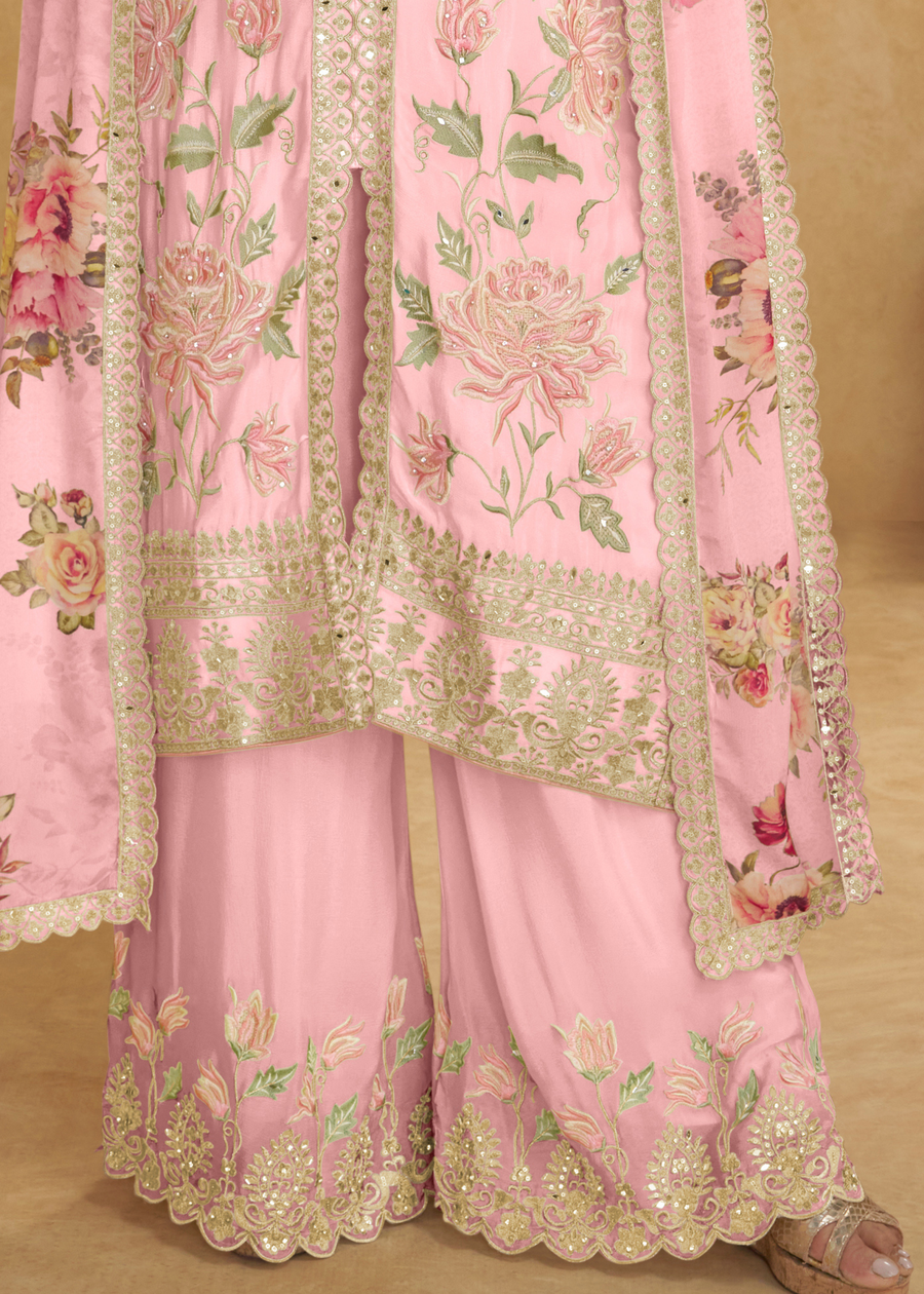 Designer Pastel Pink Chinon Silk Suit Set With Palazzo & Dupatta