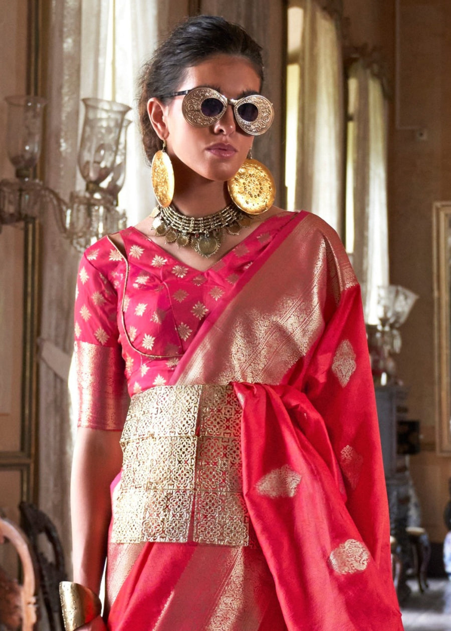 Soft Banarasi Silk Pinkish Red Handloom Weaving Saree