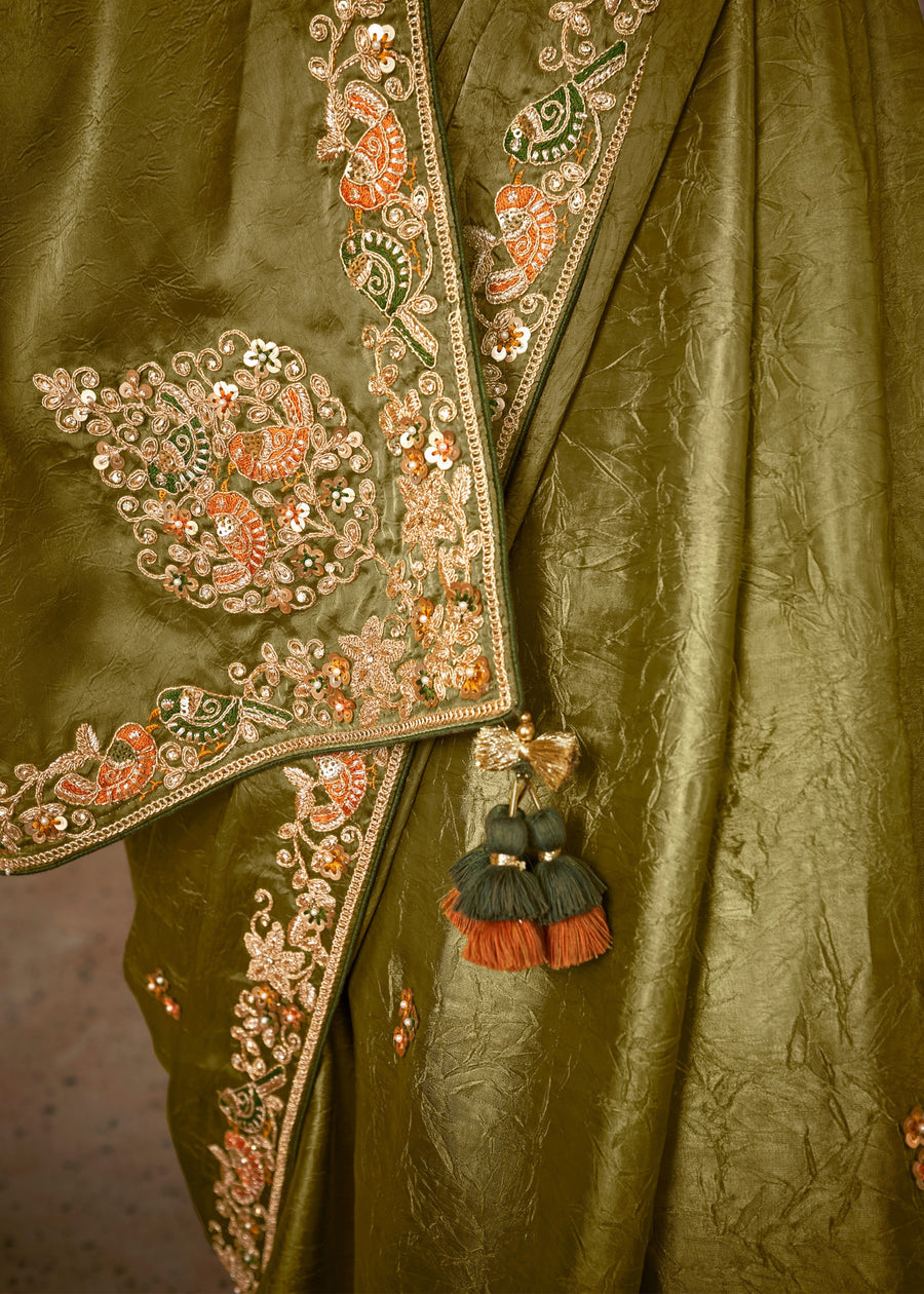 Moss Green Glass Tissue Silk Embroidered Saree & Printed Blouse