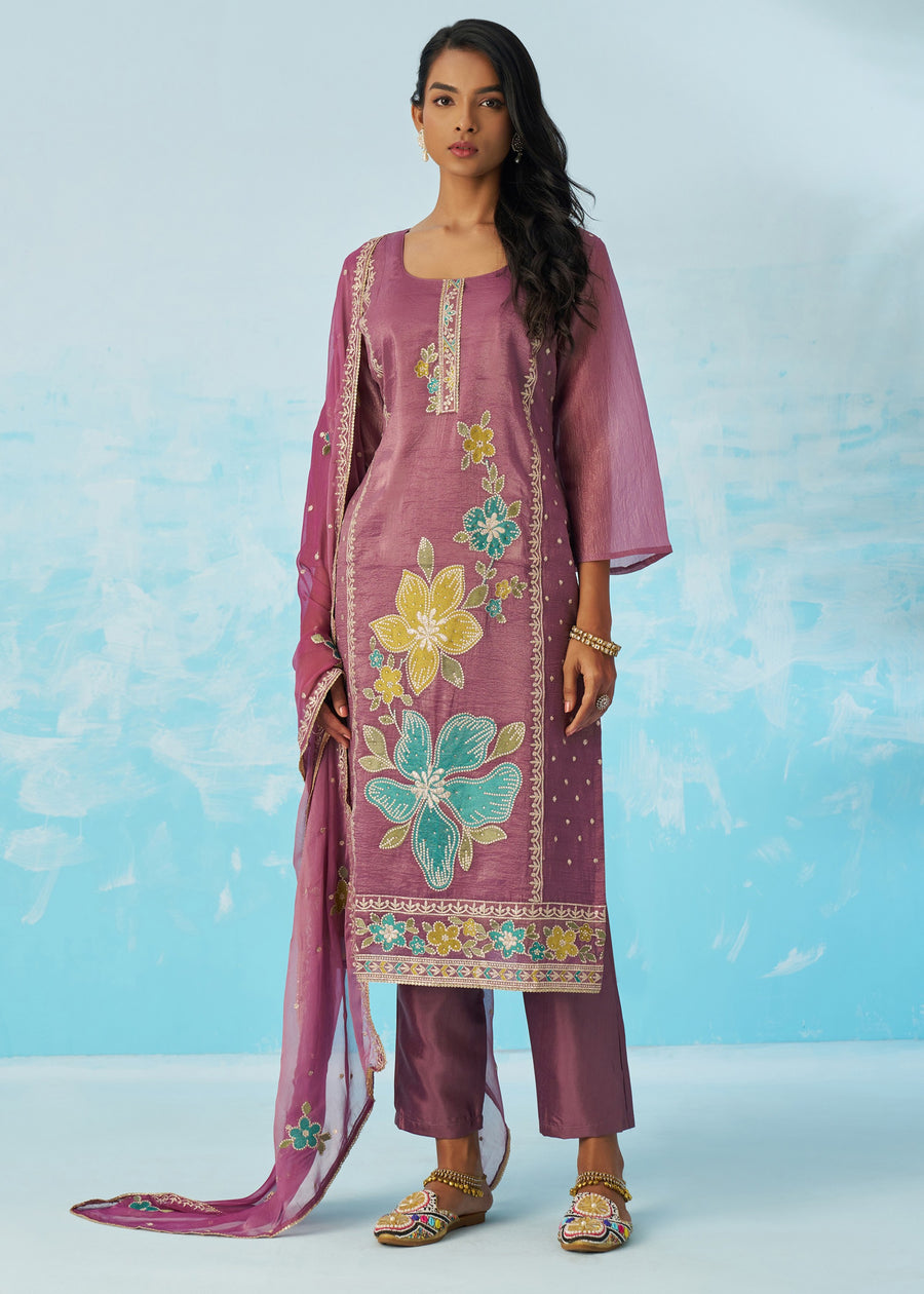 Mauve Purple Crushed Tissue Silk Ethnic Pant Style Suit With Dupatta