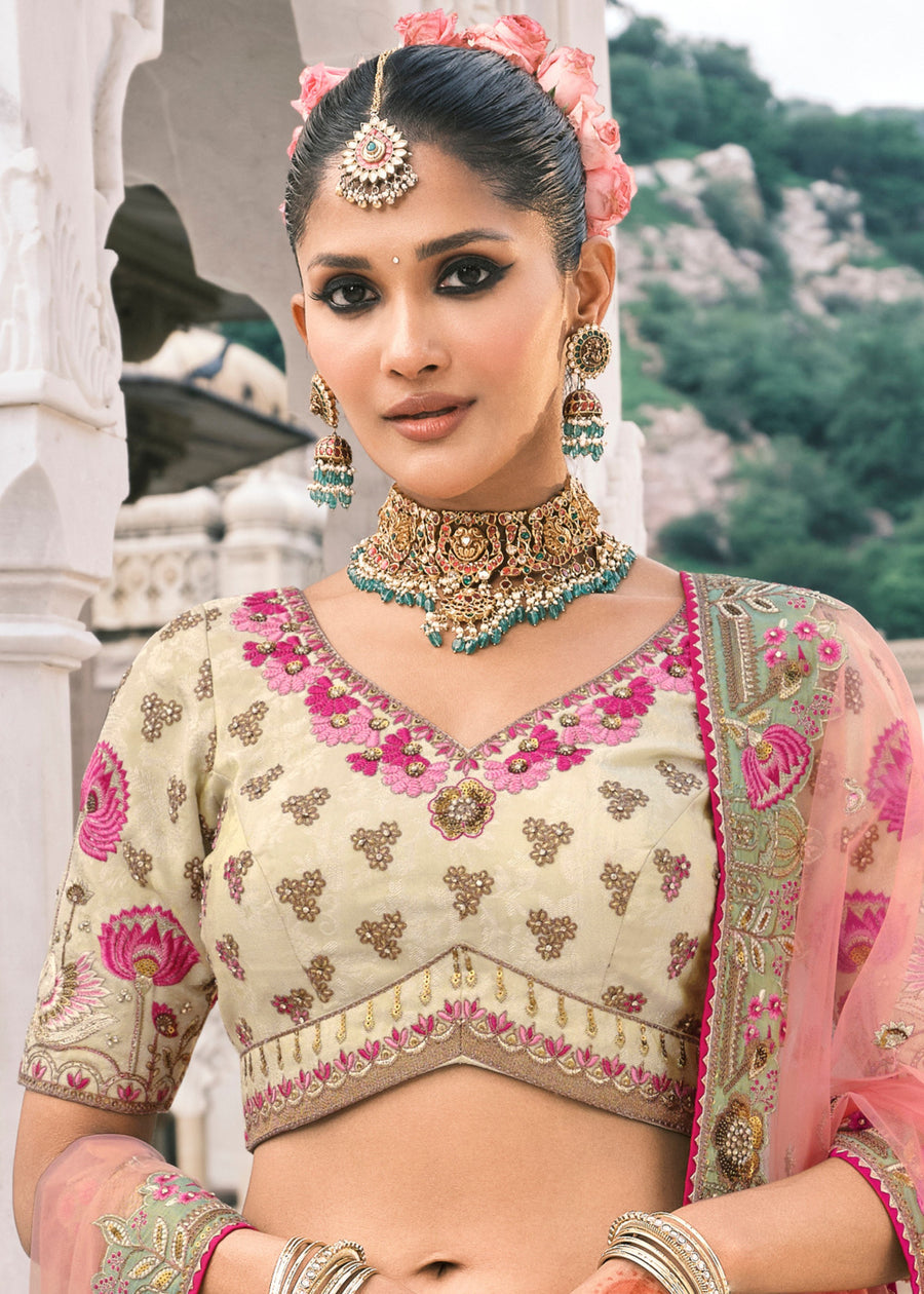 Cream, Mint Green & Pink Ombre Effect Embroidered Silk Lehenga Choli