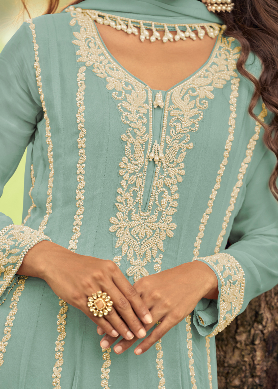Pastel Blue Georgette Anarkali Suit Set With Beadwork