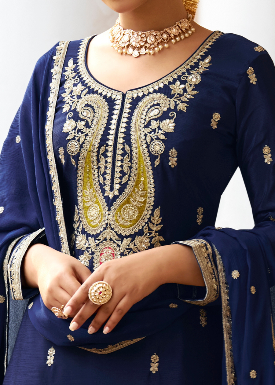 Designer Navy Blue Chinon Silk Sharara Suit Set With Dupatta