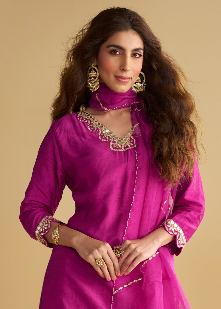 Fuchsia Pink Mirror Work Silk Ethnic Suit With Dupatta