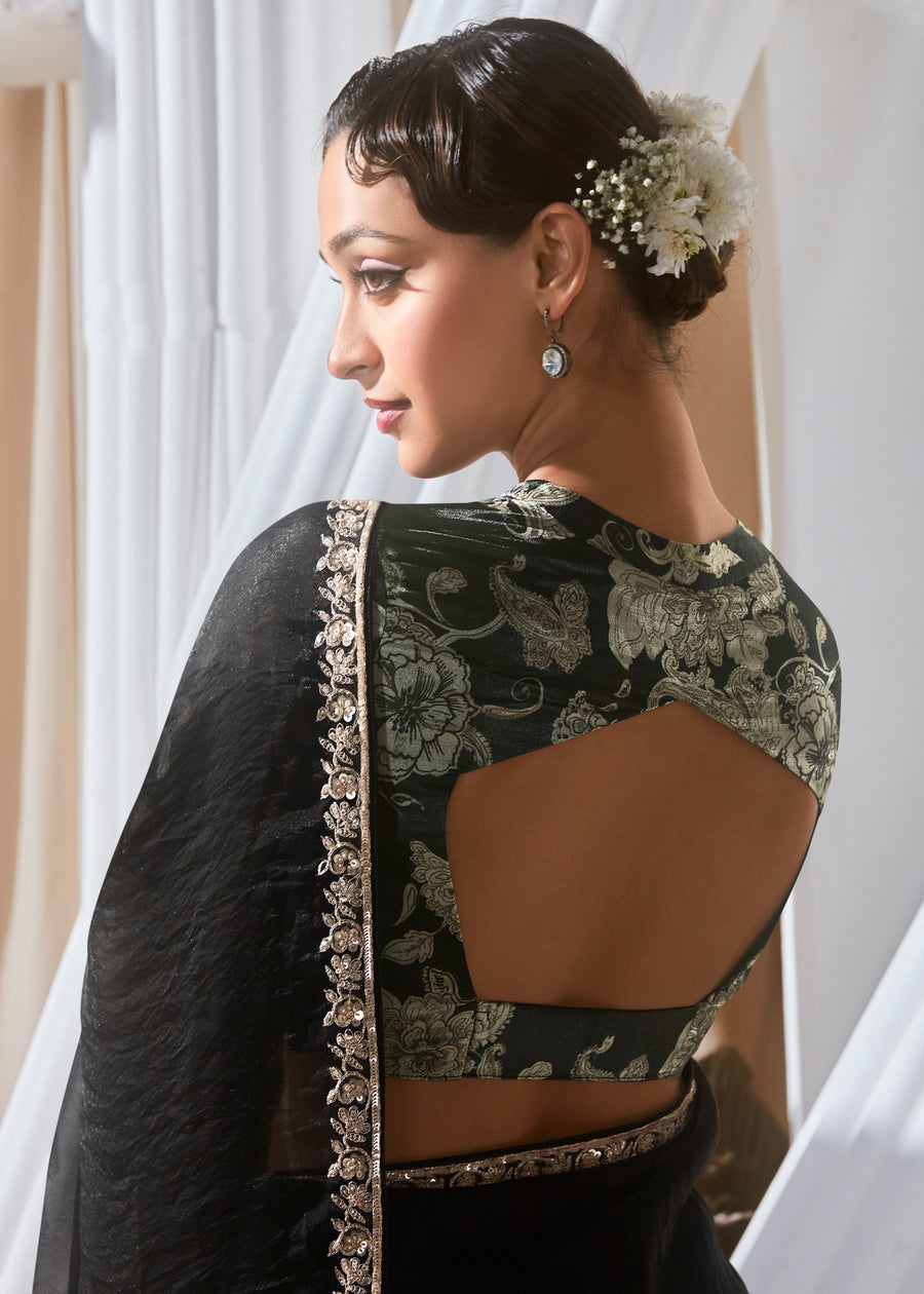 Black Organza Tissue Silk Embroidered Saree & Printed Blouse