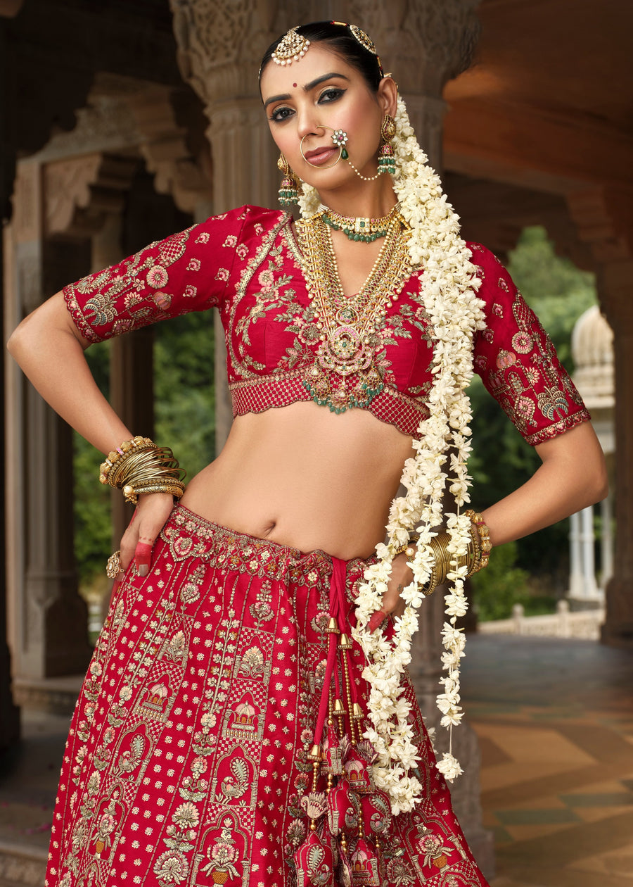 Pure Silk Red Bridal Lehenga Choli with Zari Work