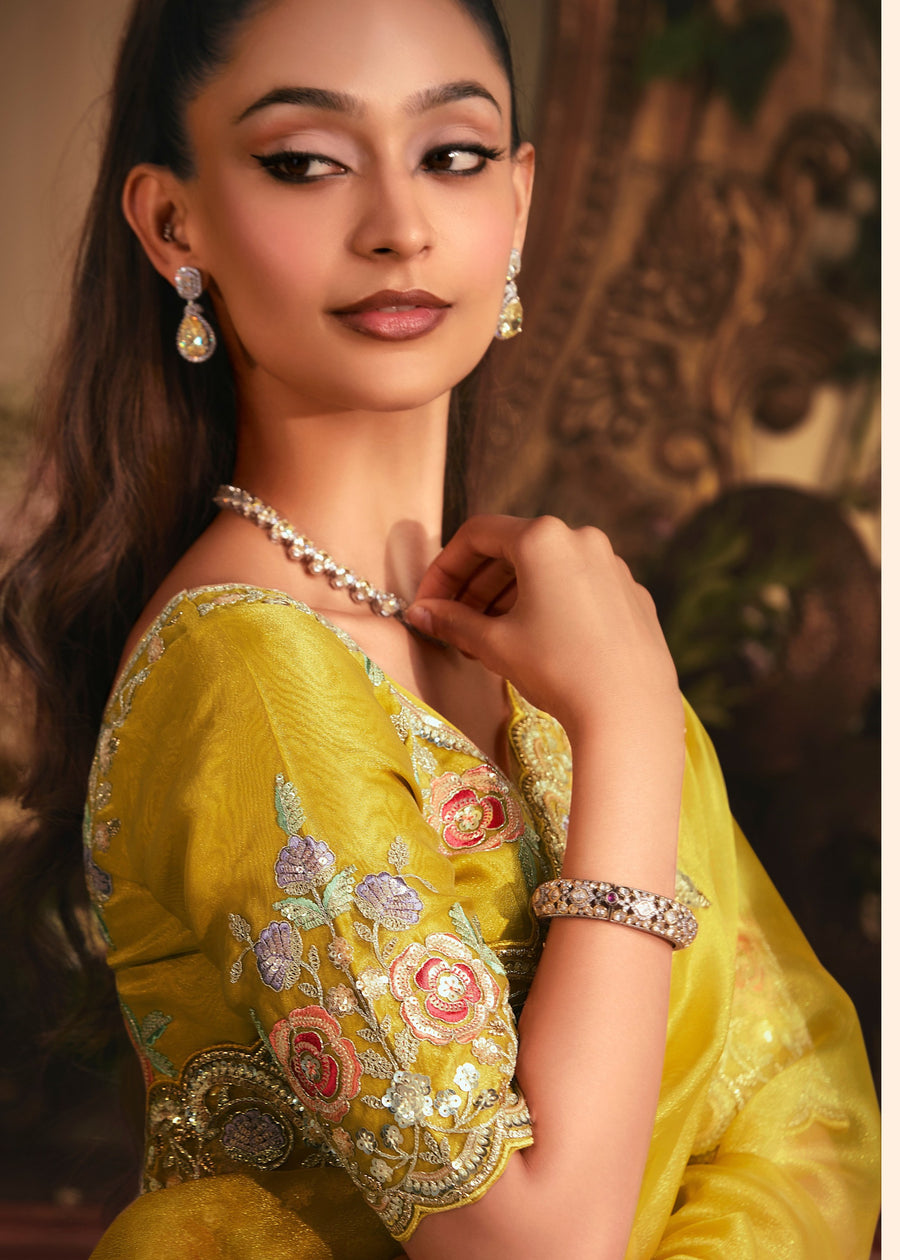 Yellow Organza Tissue Silk Saree With Embroidery Work