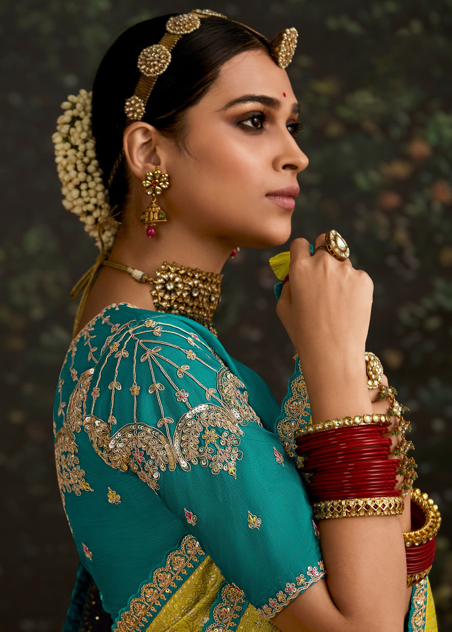Lime Yellow Dola Banarasi Silk Saree & Teal Green Embroidered Blouse