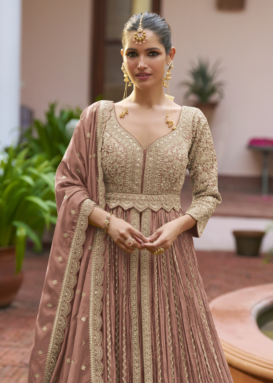 Pastel Brown Chinon Silk Anarkali Suit With Ghagra Skirt