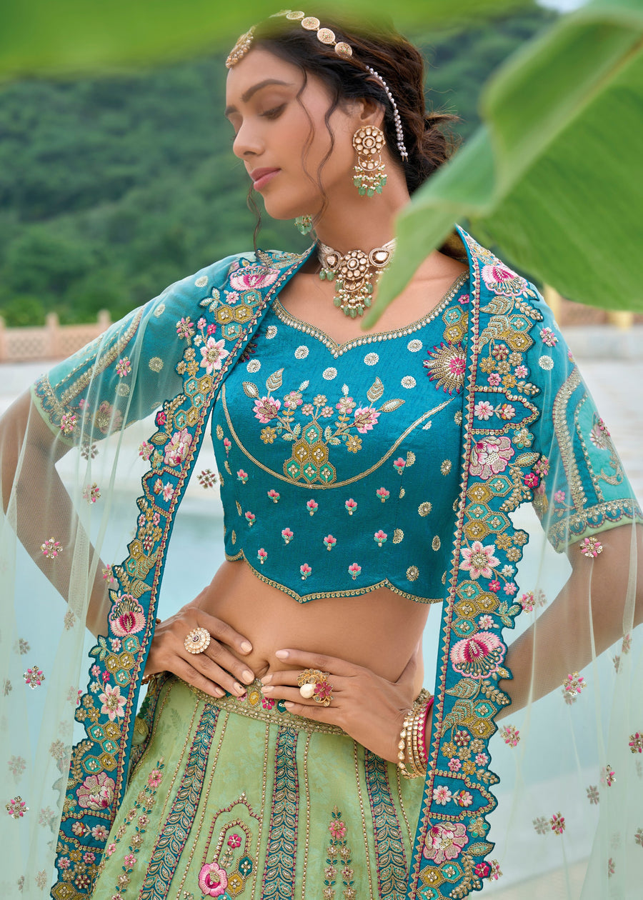 Designer Pista Green and Blue Banarasi Silk Bridal Lehenga Choli