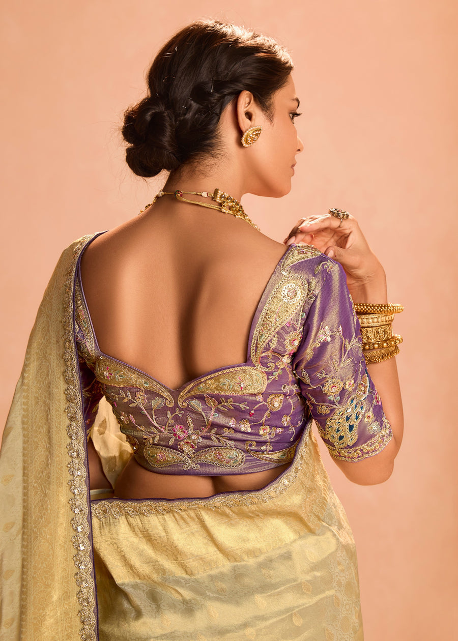 Cream Golden Tissue Silk Embroidered Mint Green Handloom Saree & Contrast Purple Blouse